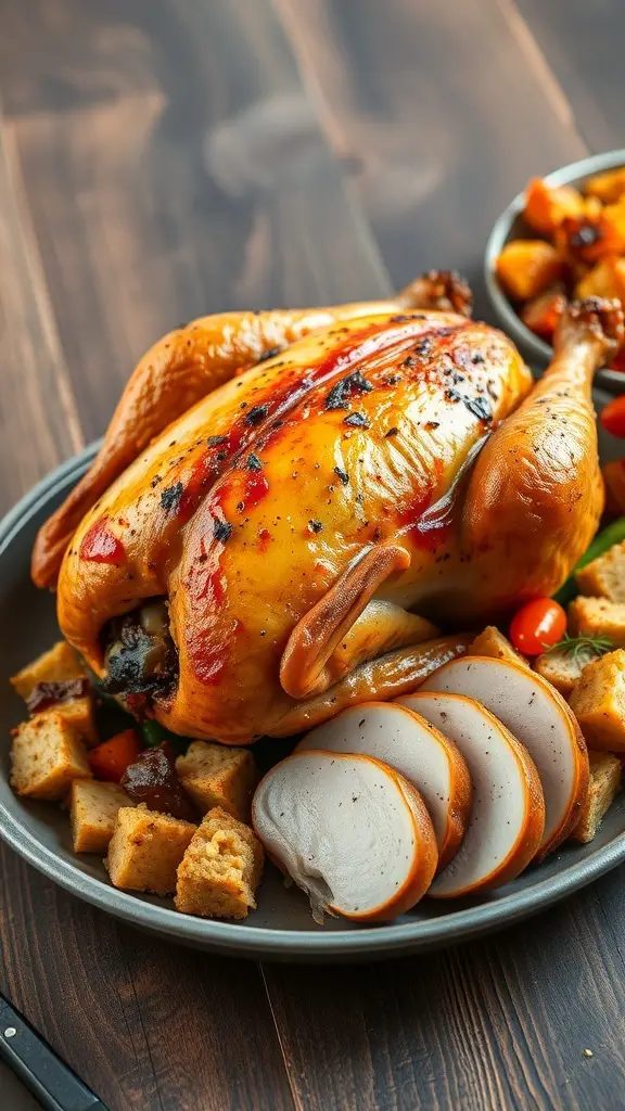 A beautifully roasted Cajun-seasoned turkey served with cornbread dressing and colorful vegetables.