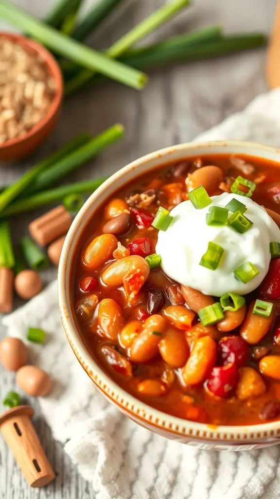 A bowl of turkey chili with beans topped with sour cream and green onions, surrounded by fresh ingredients.
