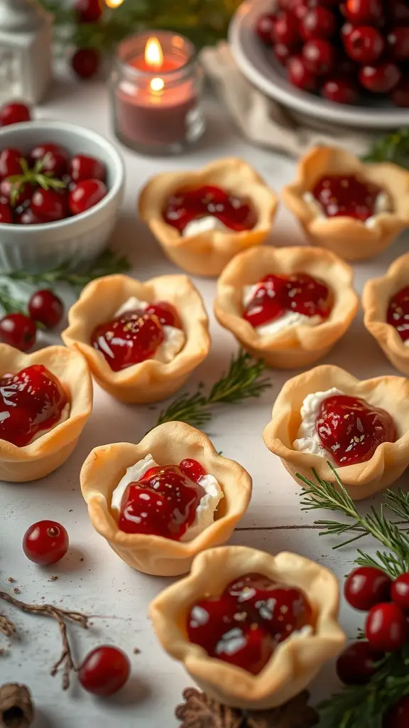 A plate of cranberry brie bites with a candle and fresh cranberries in the background.