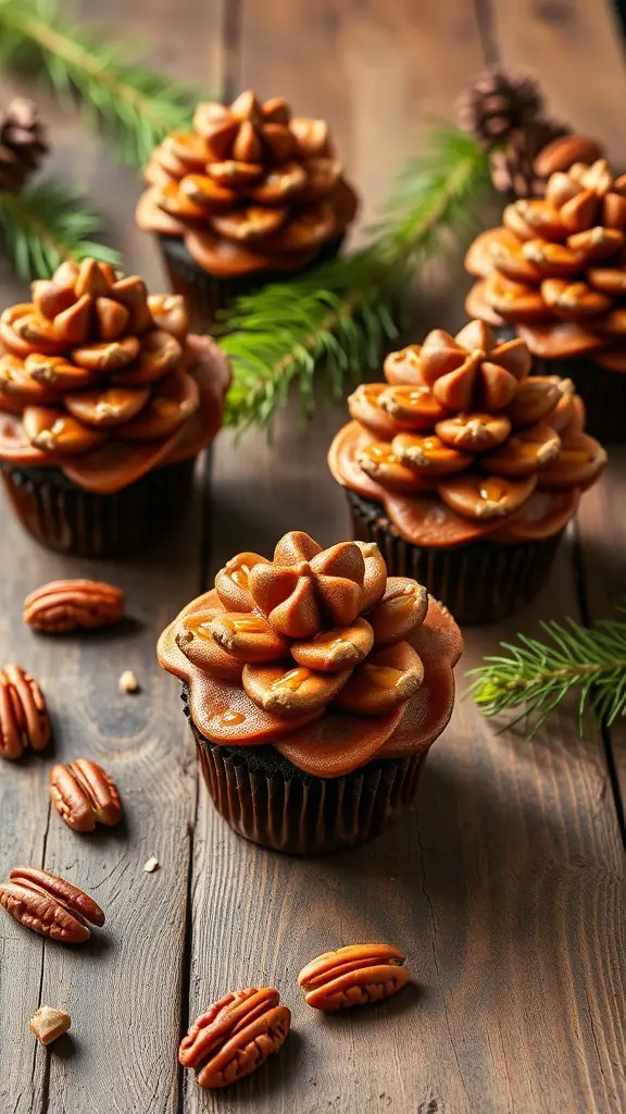 A close-up of pinecone pecan cupcakes decorated with caramel frosting and pecans on a wooden table.