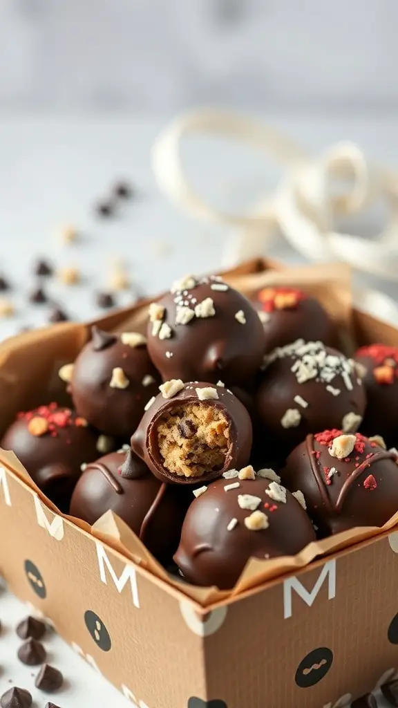 A box of chocolate chip cookie dough truffles, some topped with nuts and colorful bits, with one truffle cut in half to show the cookie dough filling.