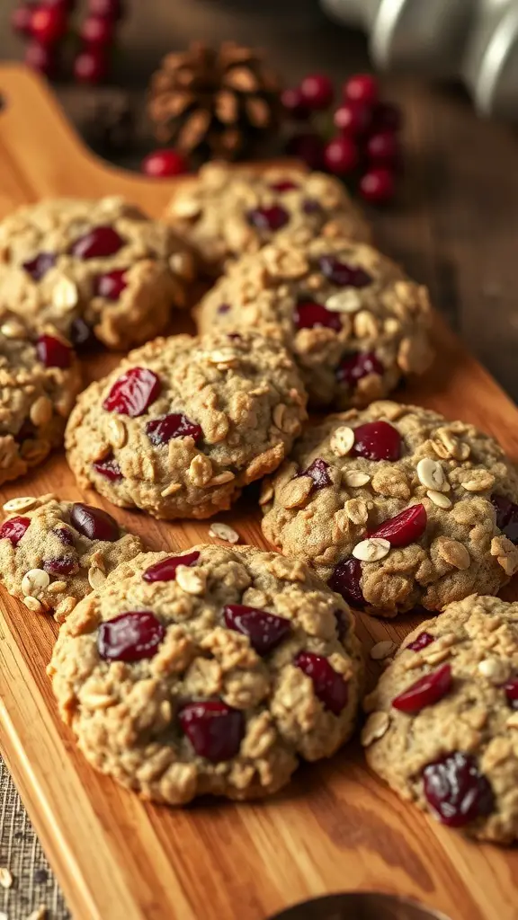 A wooden board with freshly baked spiced cranberry oatmeal cookies, surrounded by pinecones and cranberries.
