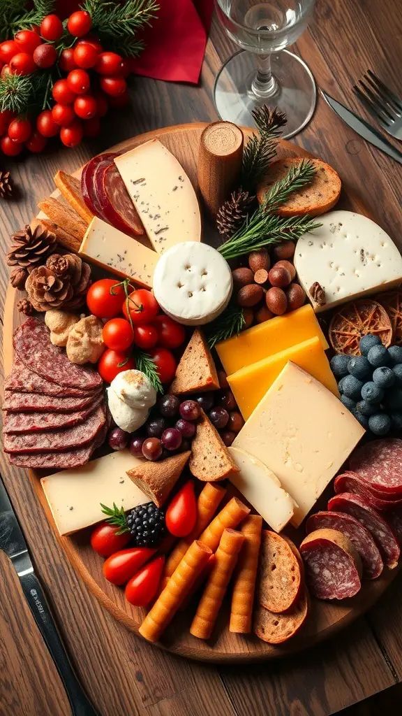 A beautifully arranged Thanksgiving charcuterie board with cheeses, meats, fruits, and decorative elements.