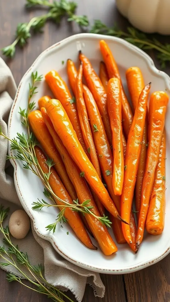 A plate of honey glazed carrots garnished with herbs.