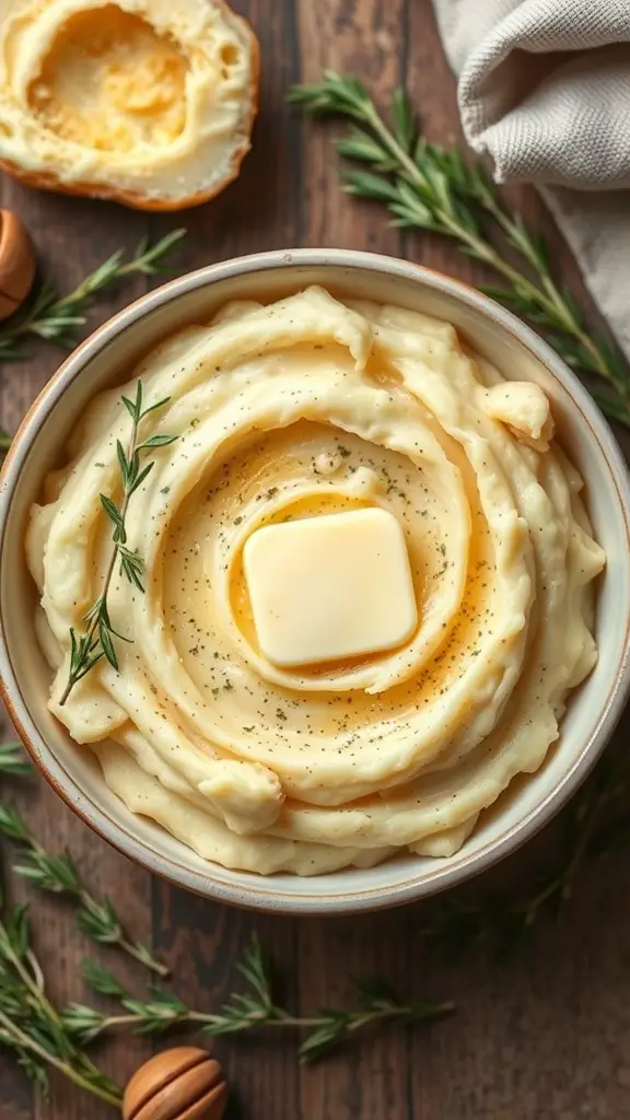 A bowl of creamy garlic mashed potatoes topped with butter and herbs.