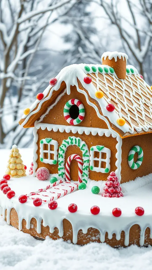 A beautifully decorated gingerbread house cake with colorful candies and icing, set against a snowy backdrop.