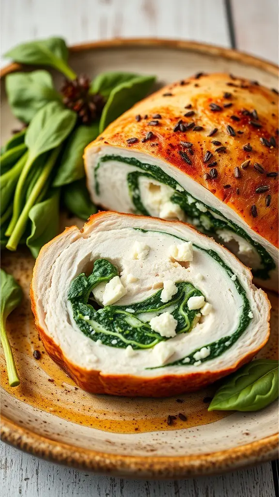 Stuffed turkey breast with spinach and feta on a plate