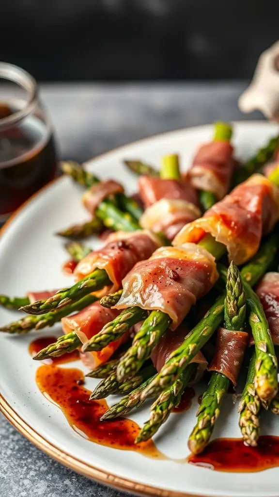 Plate of prosciutto-wrapped asparagus drizzled with balsamic glaze