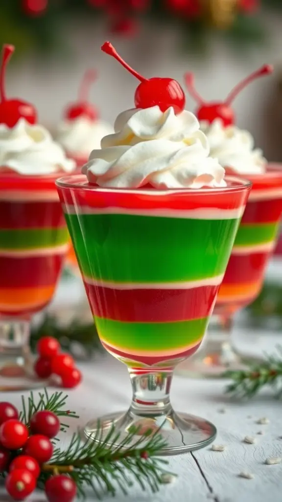 Colorful Jingle Bell Jello Cups with whipped cream and cherries