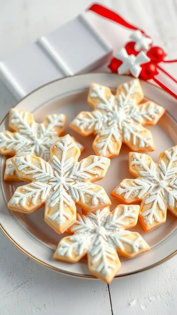 Decorated snowflake sugar cookies on a plate with a gift box in the background