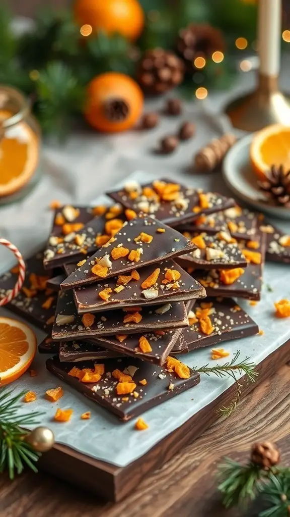 A stack of orange zest dark chocolate bark topped with dried orange pieces and nuts, set against a festive background.