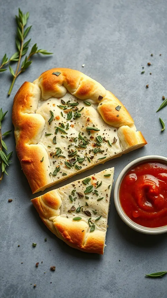 Garlic herb flatbread with marinara sauce on a gray background
