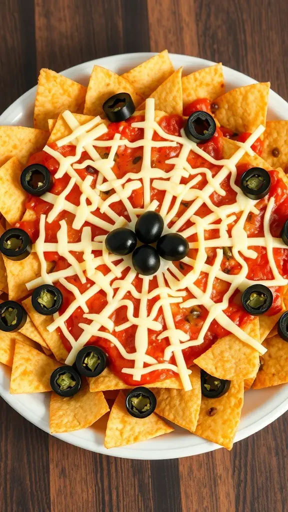 A plate of nachos arranged to look like a spider web, topped with salsa, cheese, black olives, and jalapeños.