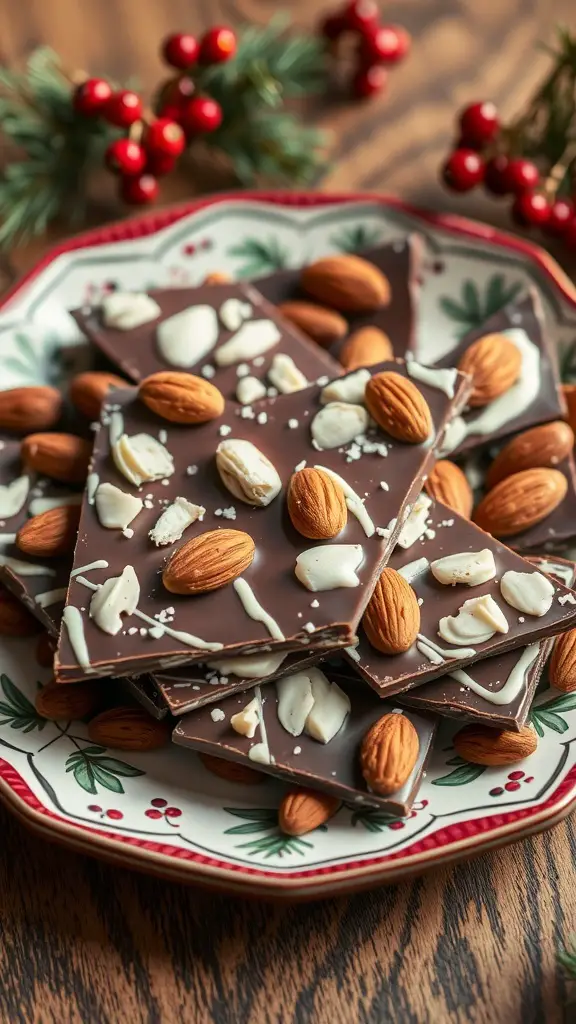 Nutty milk chocolate bark with almonds on a festive plate