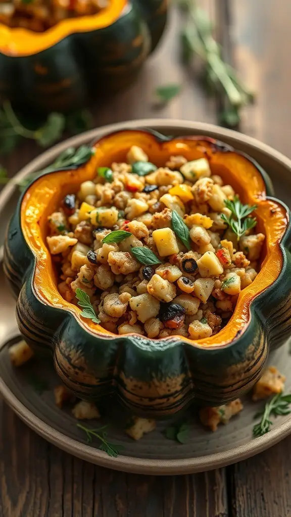 Stuffed acorn squash filled with a savory mixture of grains and vegetables.