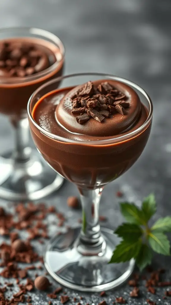 Two elegant glasses of dark chocolate mousse topped with chocolate shavings