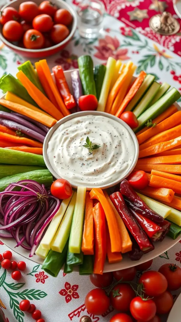A colorful vegetable platter with a variety of fresh vegetables and a creamy dip in the center.
