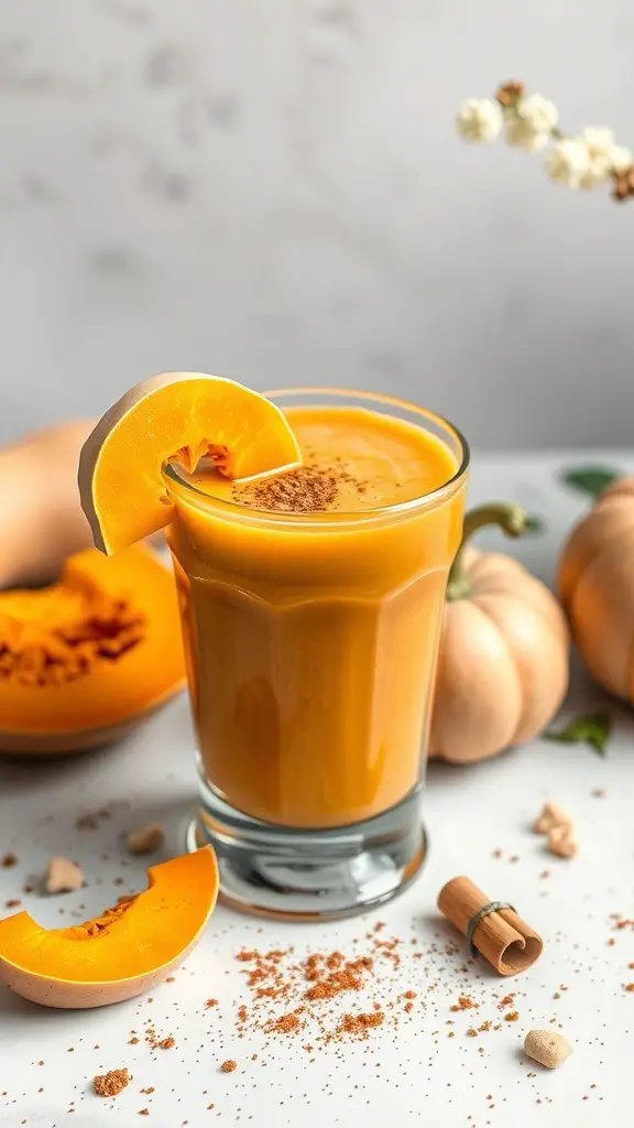 A glass of butternut squash smoothie garnished with a slice of squash, surrounded by pieces of butternut squash and cinnamon.