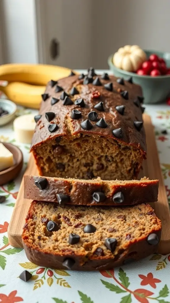 A loaf of chocolate chip banana bread sliced on a wooden board, with chocolate chips on top, surrounded by bananas and decorative elements.