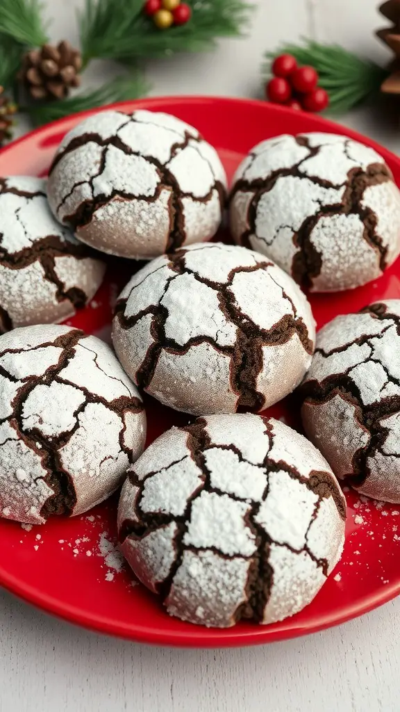 A plate of chocolate crinkle cookies with a cracked surface and powdered sugar on top.