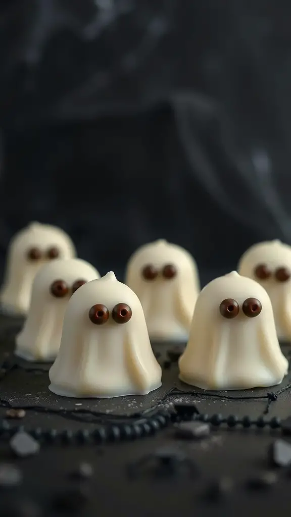 A group of ghost-shaped white chocolate truffles with chocolate eyes on a dark background.