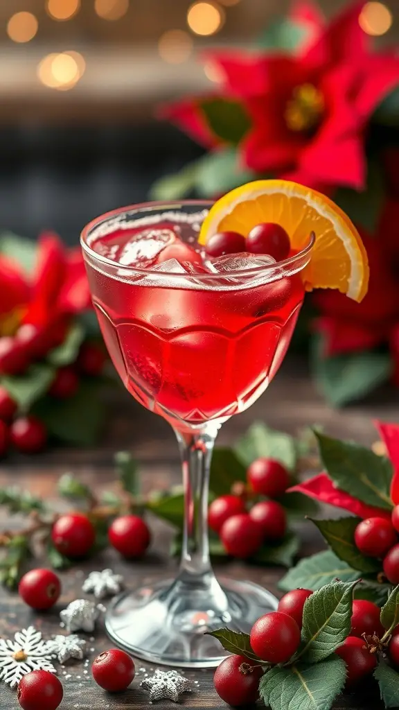 A festive poinsettia cocktail garnished with orange and cranberries, surrounded by red poinsettia flowers.