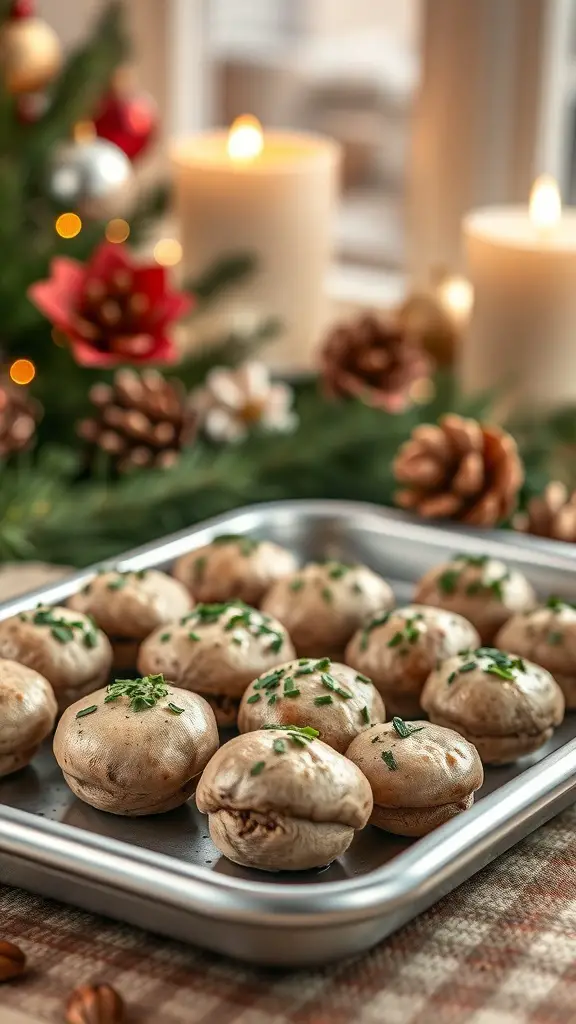 A tray of stuffed mushrooms topped with herbs, set against a festive background.