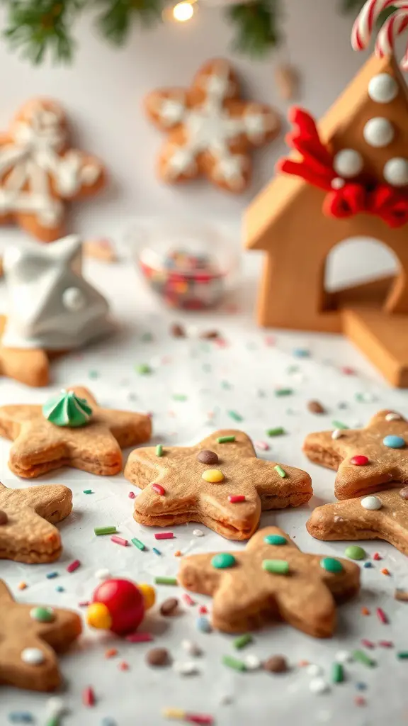 A festive gingerbread cookie decorating station with various cookies, icing, and sprinkles.