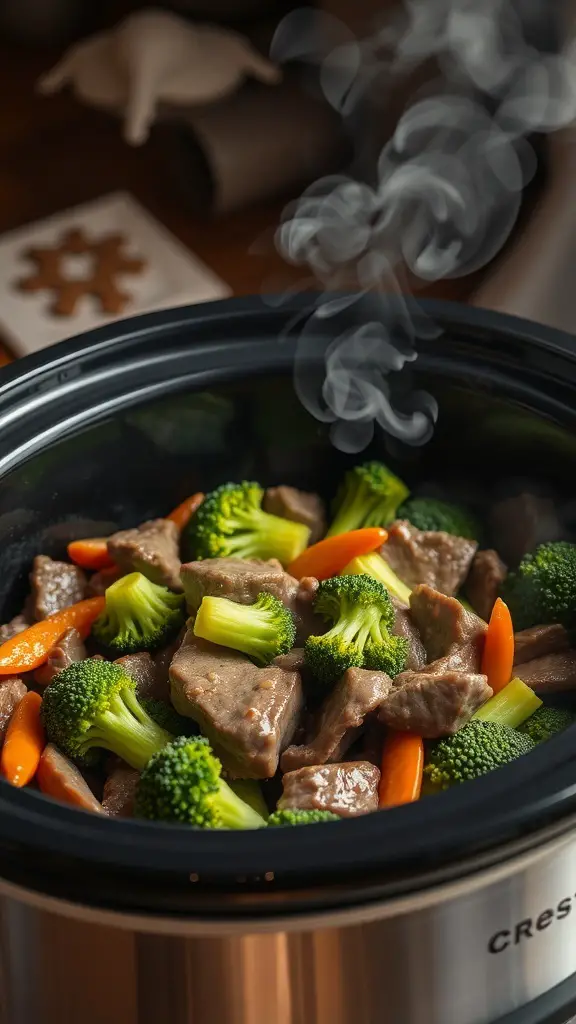 A crockpot filled with beef, broccoli, and carrots, steaming and ready to eat.