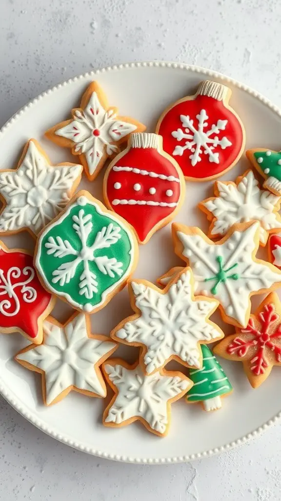 A plate of beautifully decorated Christmas sugar cookies in various festive shapes.