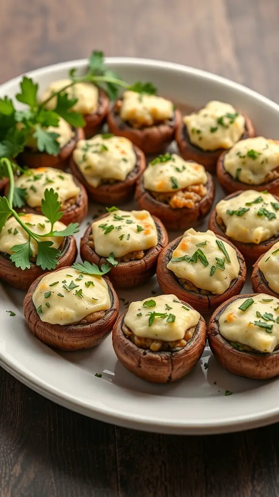 A platter of savory stuffed mushrooms topped with herbs
