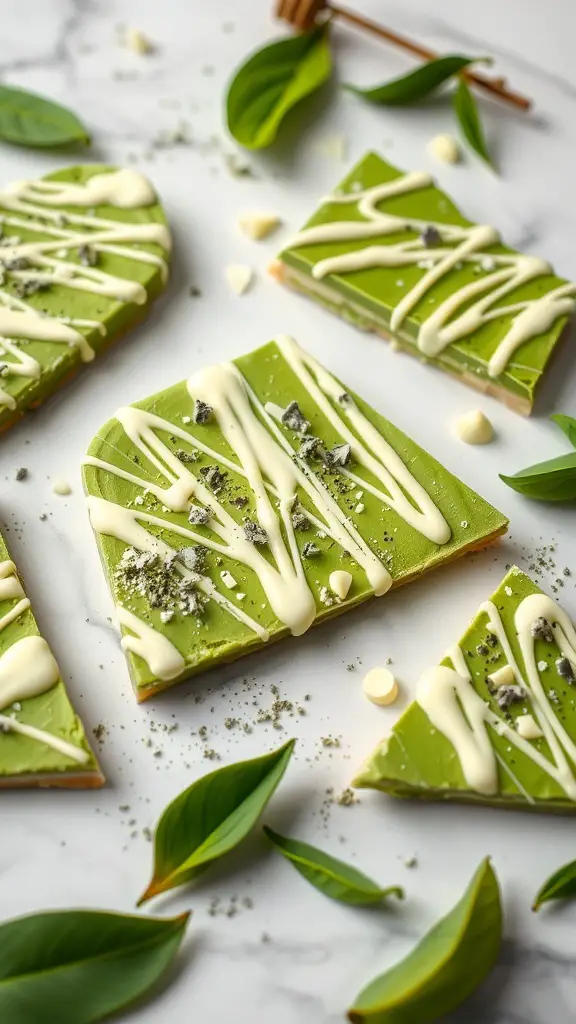 Matcha green tea bark with white chocolate drizzle and green leaves
