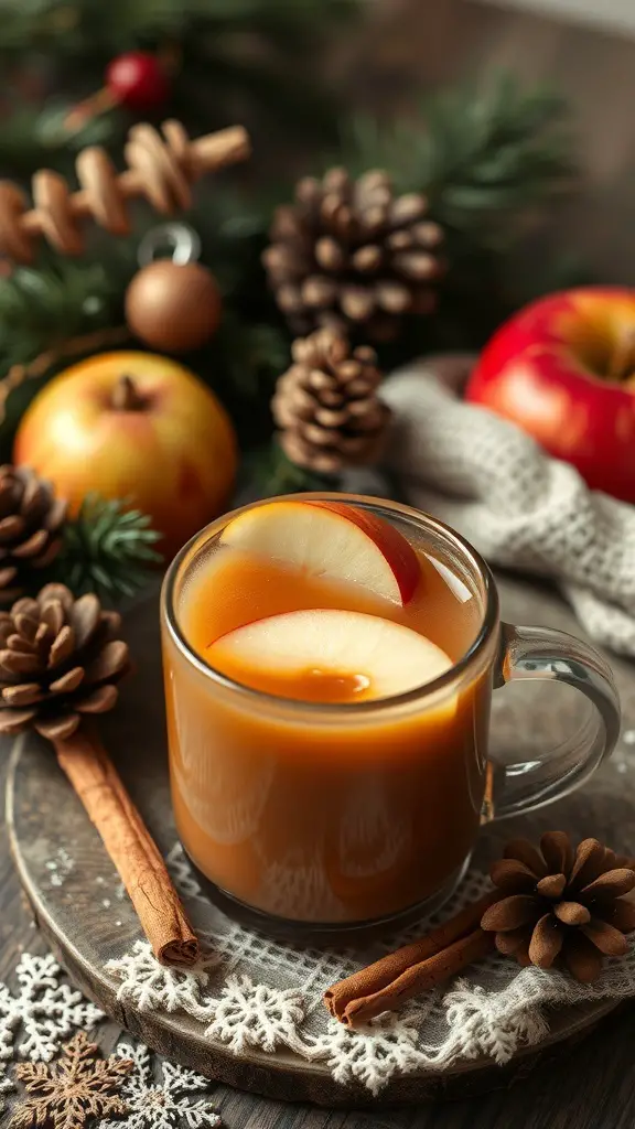 A cozy mug of cinnamon apple cider with apple slices, surrounded by pinecones and festive decorations.