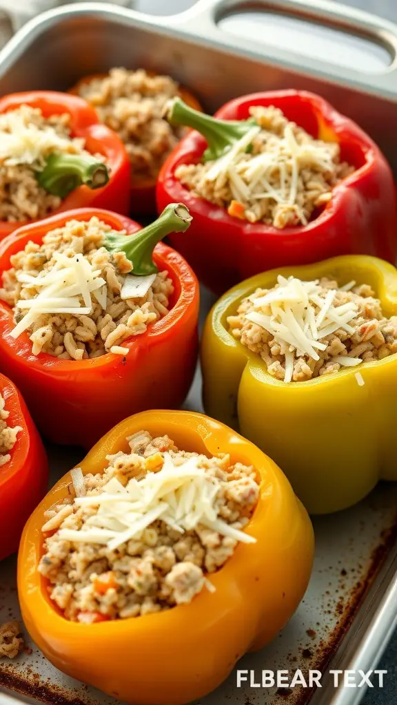 Colorful bell peppers stuffed with turkey and cheese