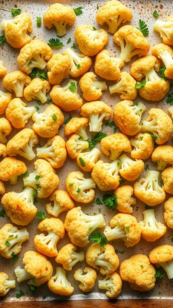 Golden-brown roasted cauliflower florets garnished with green herbs