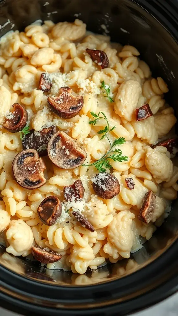 A bowl of mushroom risotto with pasta and Parmesan cheese in a crockpot.