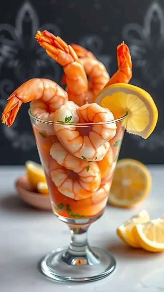 A glass of shrimp cocktail with zesty sauce and lemon wedges