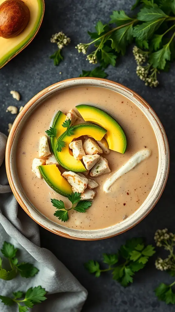 A bowl of creamy avocado crab chowder topped with avocado slices and crab meat, garnished with cilantro.