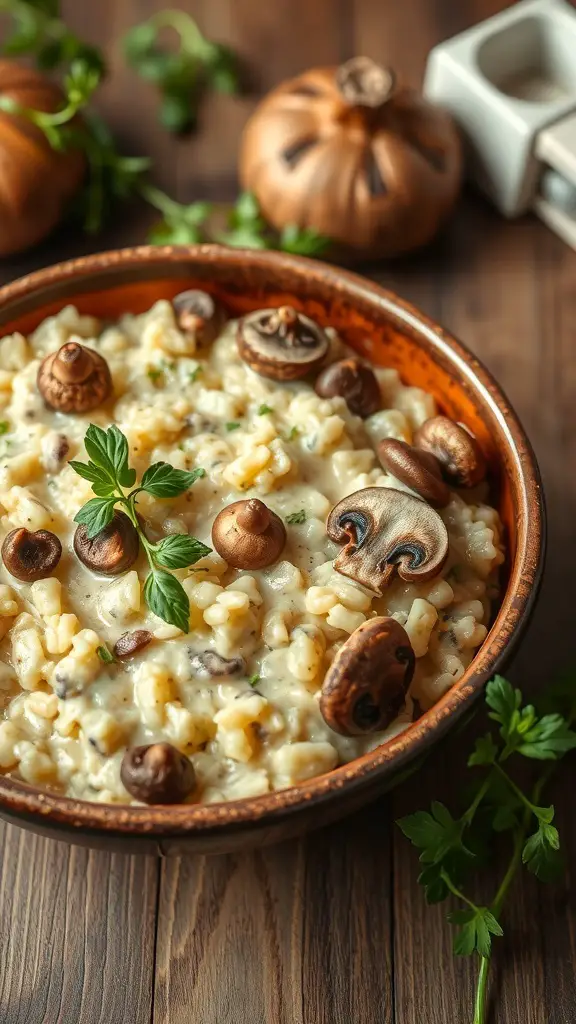 A bowl of creamy mushroom risotto garnished with herbs and mushrooms, set on a wooden table.