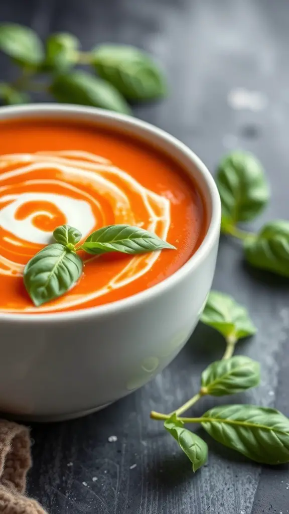 A bowl of creamy tomato basil soup garnished with a swirl of cream and fresh basil leaves.