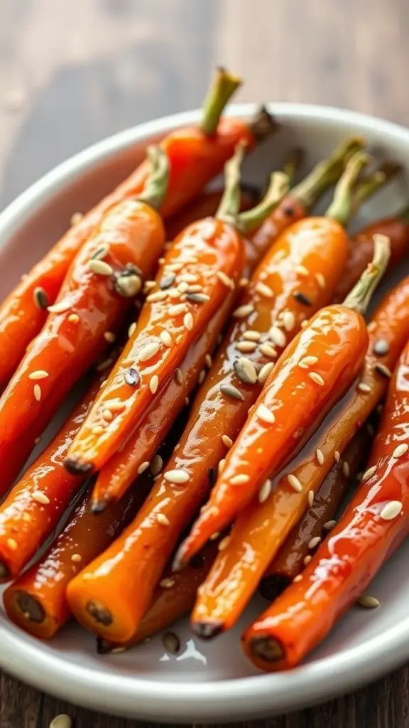 A plate of honey glazed carrots garnished with sesame seeds.