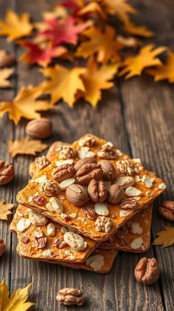 Maple almond bark with walnuts stacked on a wooden surface, surrounded by autumn leaves.