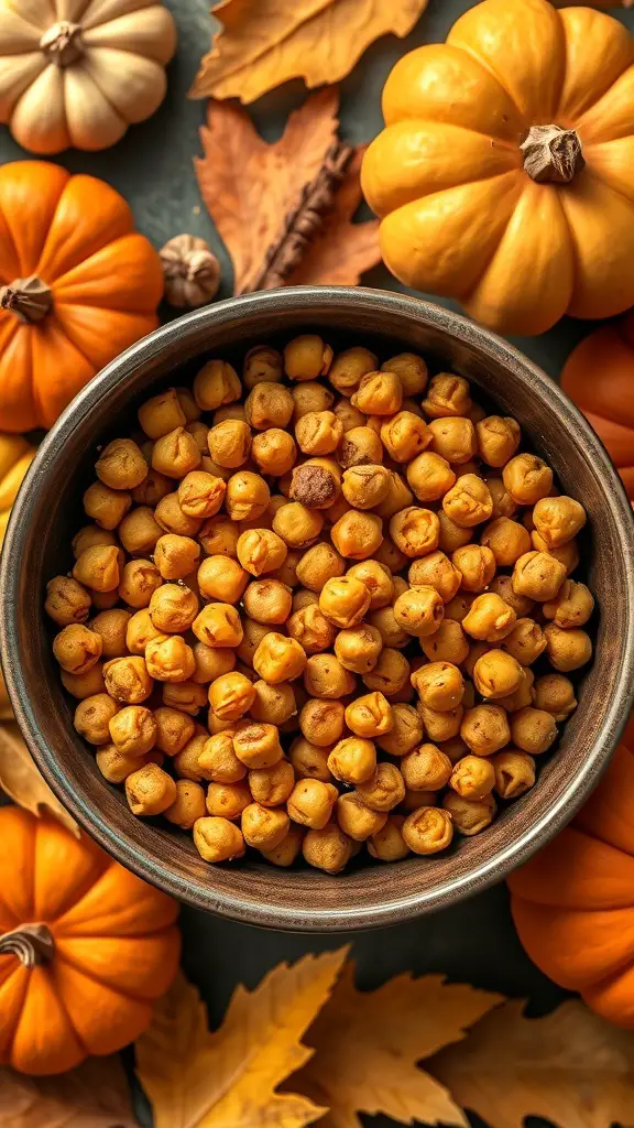 A bowl of pumpkin spice roasted chickpeas surrounded by pumpkins and autumn leaves.