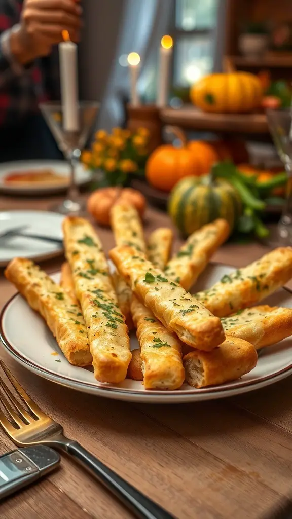 A plate of cheesy garlic breadsticks on a wooden table, surrounded by pumpkins and candles.