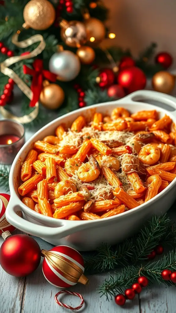 A Seafood Pasta Bake with shrimp and a crispy Parmesan crust, surrounded by Christmas decorations.