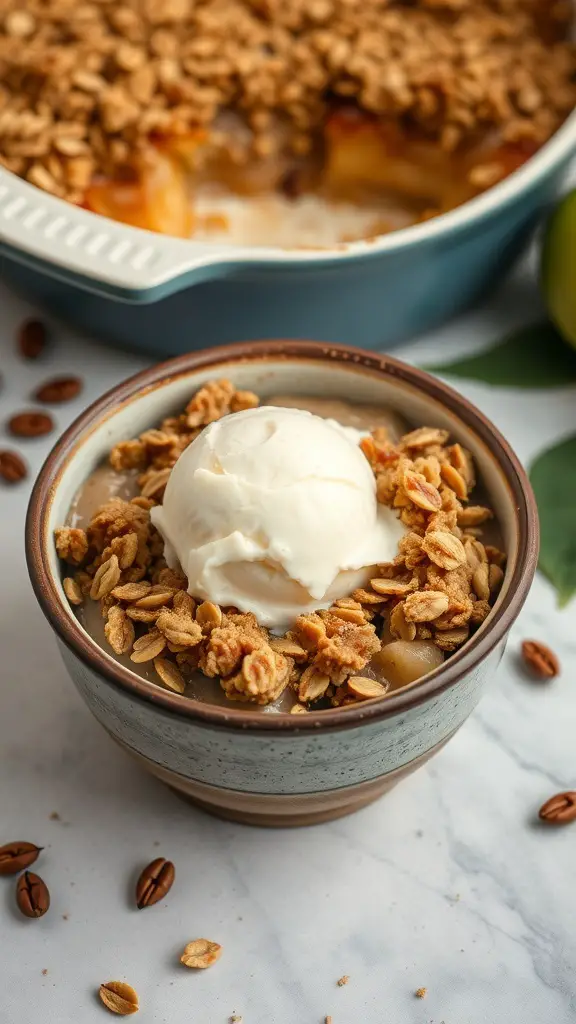 A bowl of apple crisp with oat topping and a scoop of vanilla ice cream.