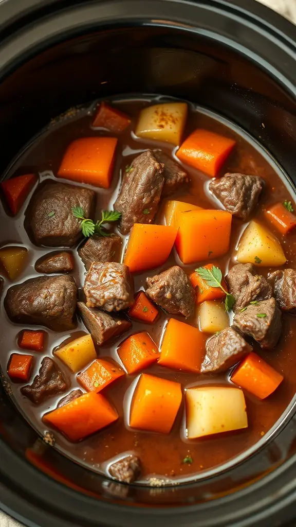 A close-up of beef stew with root vegetables in a crockpot.