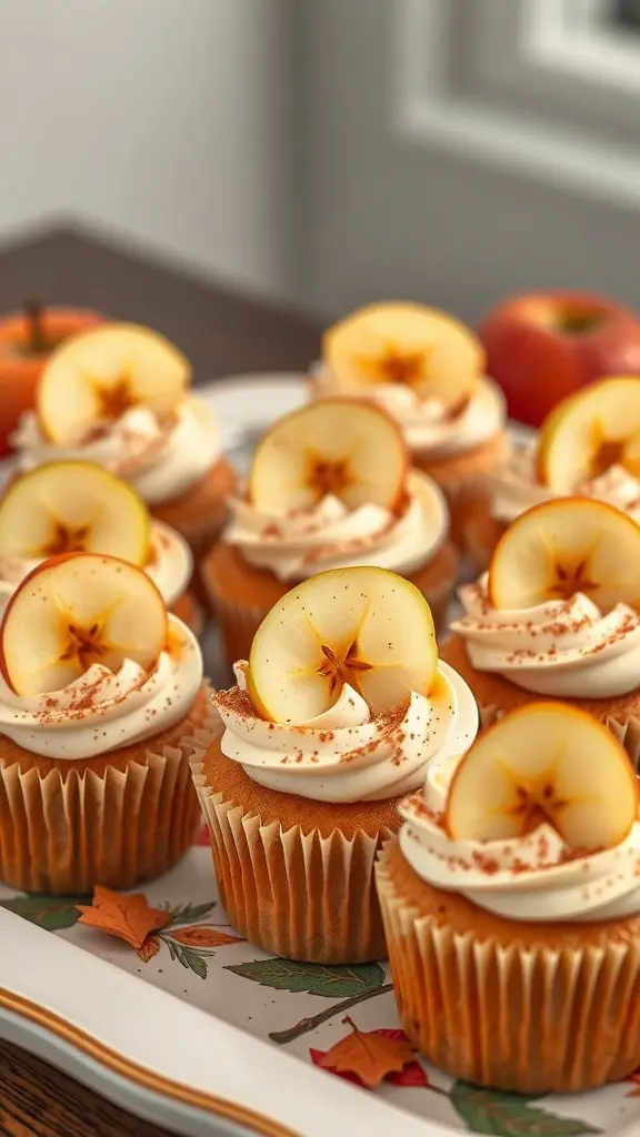 A plate of spiced apple cider cupcakes topped with frosting and apple slices.