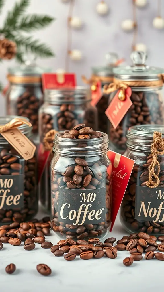 Jars of gourmet coffee beans with festive labels and decorations