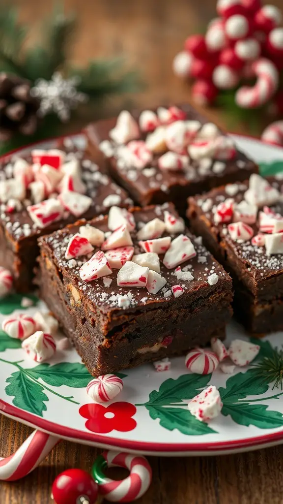 A plate of peppermint bark brownies topped with crushed peppermint candies, surrounded by festive decorations.